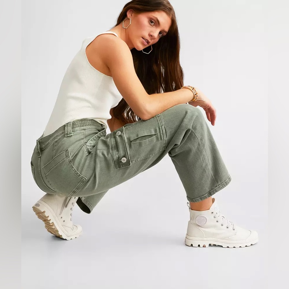 VERVET Buckle Green Stretch Cargo Y2K High Rise Wide Leg Pant Streetwear Size 24 - Picture 10 of 10